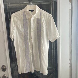 Banana Republic M Blue White Hawaiian Camp Embroidery Button Down Mens Shirt
